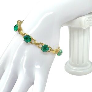 Vintage Dark Emerald Green Glass Stone & Brass Panel Link Bracelet